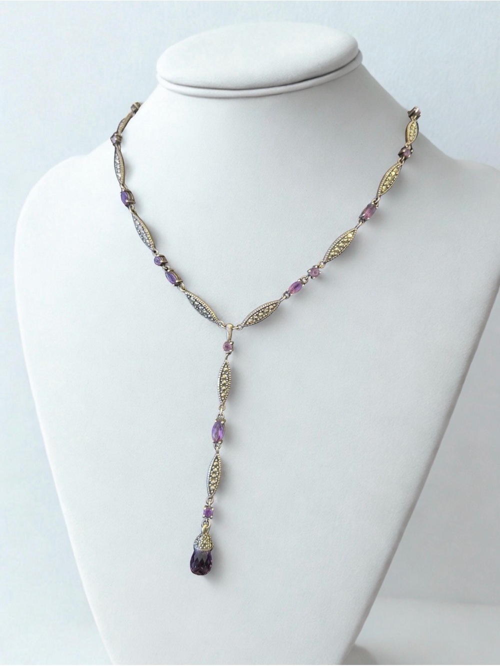 Art Deco Sterling Silver Marcasite Amethyst Y Necklace